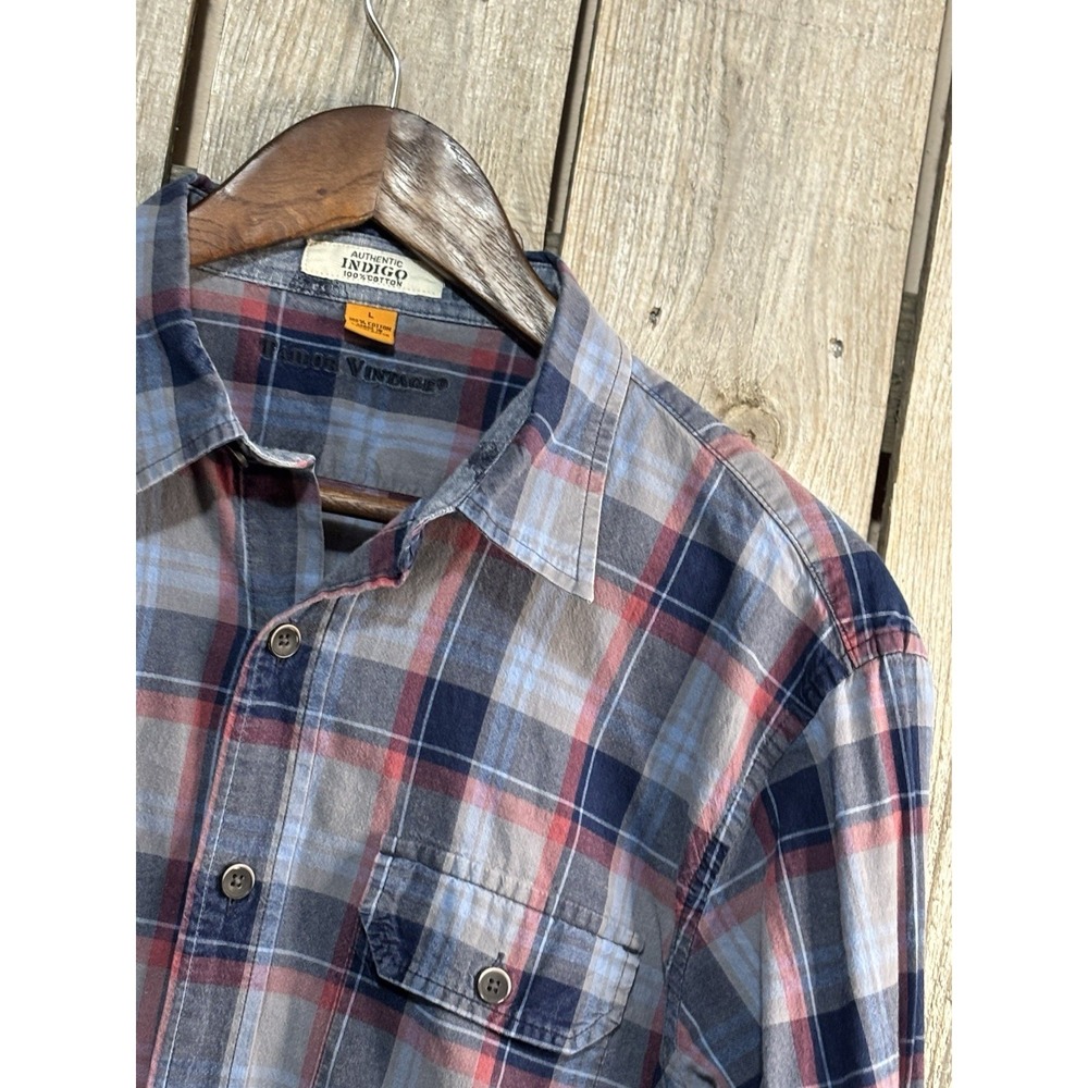 Tailor Vintage‎ Authentic Indigo Plaid Shirt Mens Large Button Front Cotton